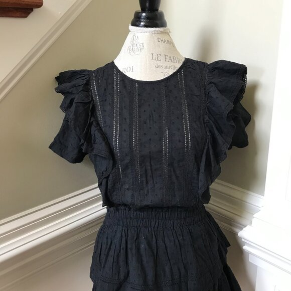 LoveShackFancy Natasha Mini Dress Womens XS Black Cotton Ruffle Short Sleeve - Picture 4 of 13